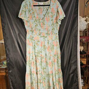 Smocked V-Neck Floral Maxi Dress in Light Blue & Peach